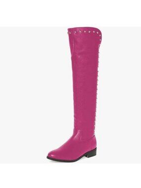 XYD Fuchsia Knee High Winter Riding Boot Round Toe Low Heel Studded Zip Boot